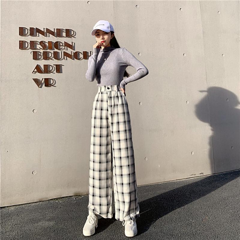 Simple Vintage Plaid Causal Long Women Pants Street Fashion Straight Wide Leg Pant