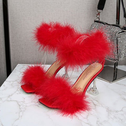 Feather Sandals Women Furry High Heels Ankle Plush Sandals Woman Transparent Heels With Fur Stripper Heeled Sandal Women Evening