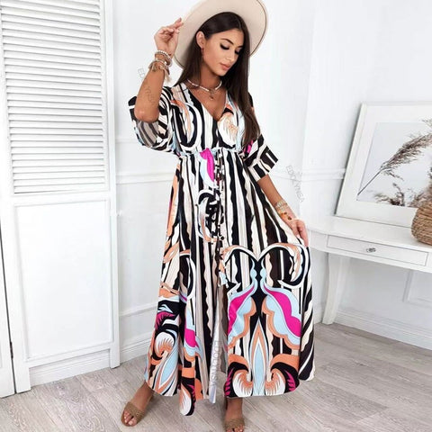 Bikini Cover-ups Boho Print Long Dress Self Belted Sexy Beach Tunic  Summer Women Beach Wear Swim Suit Cover Up Pbong mid size graduation outfit romantic style teen swag clean girl ideas 90s latina aesthetic