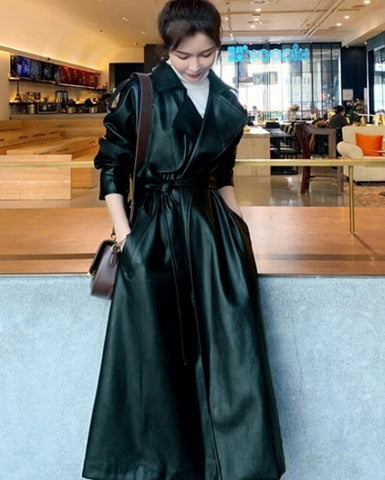 Spring Black Oversized Long Waterproof Leather Trench Coat for Women Long Sleeve Loose Korean Fashion Clothing