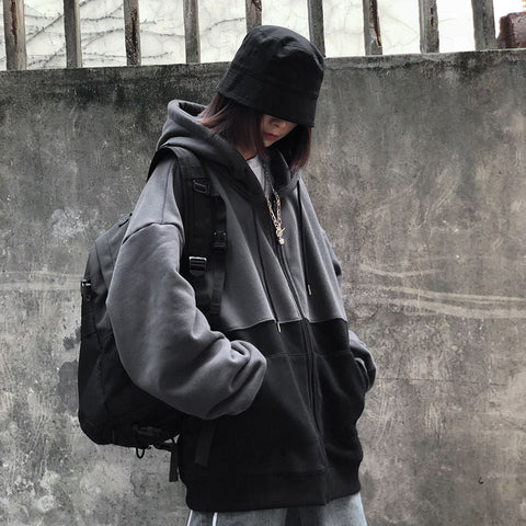 women's winter top retro stitched women's Hoodie loose velvet zipper men's and sweatshirt women  clothes for teens