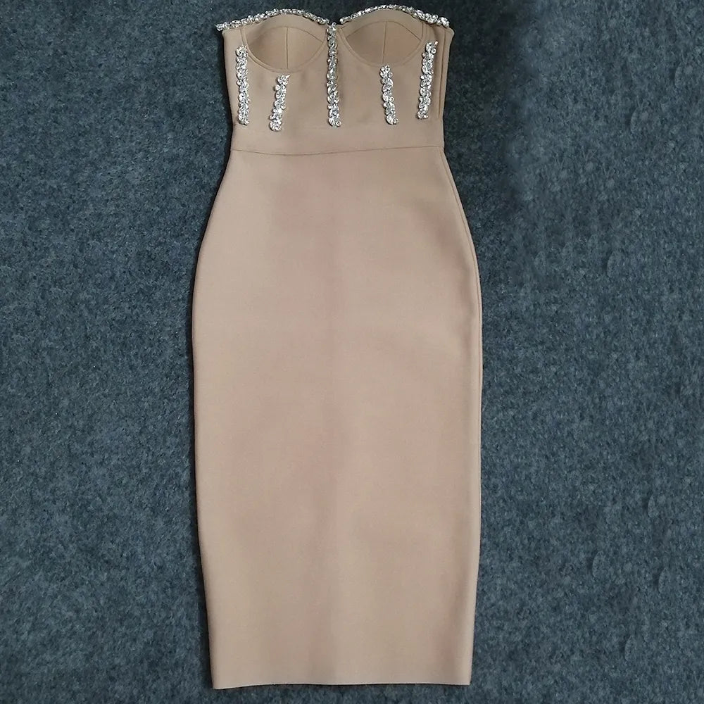 Sexy Strapless Women Dress Bandage Bodycon New Elegant Beading Party Evening Club Midi Dresses Summer Autumn Clothes