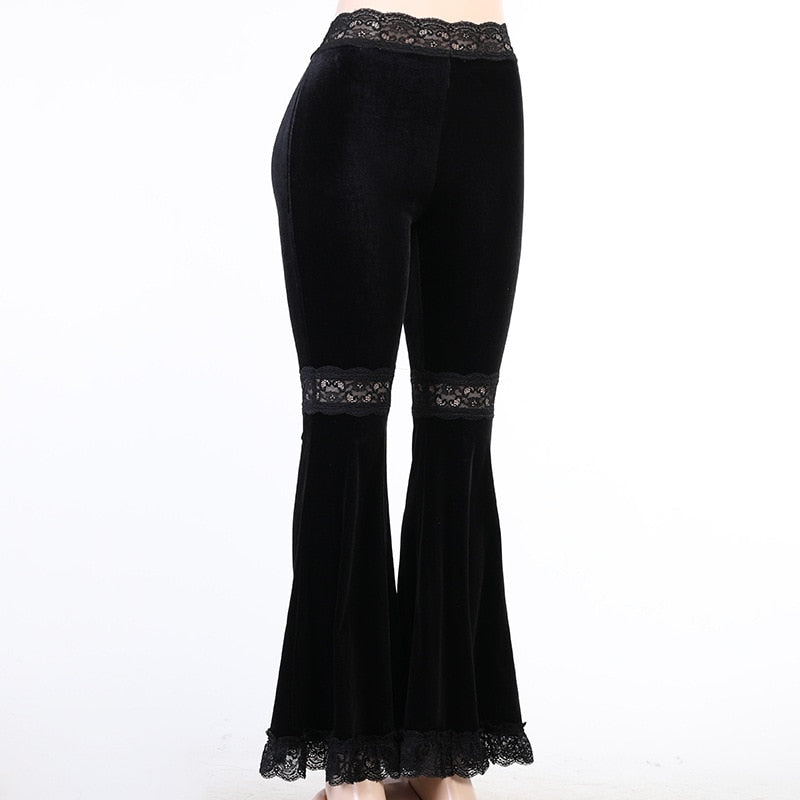 Sexy Fashion Patchwork Lace Solid Flare Pants Women Gothic Dark High Waist Loose Trousers New Street Suede Pants