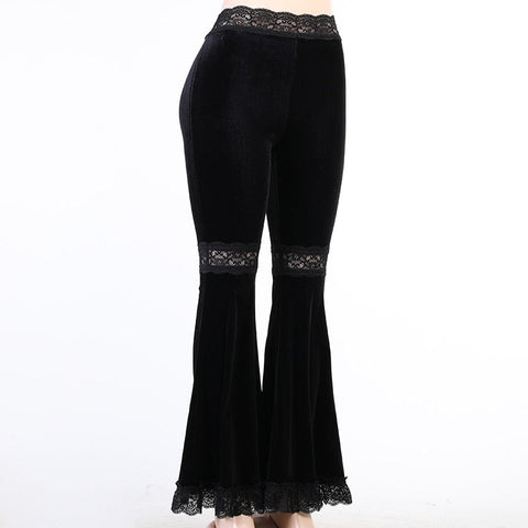 Sexy Fashion Patchwork Lace Solid Flare Pants Women Gothic Dark High Waist Loose Trousers New Street Suede Pants