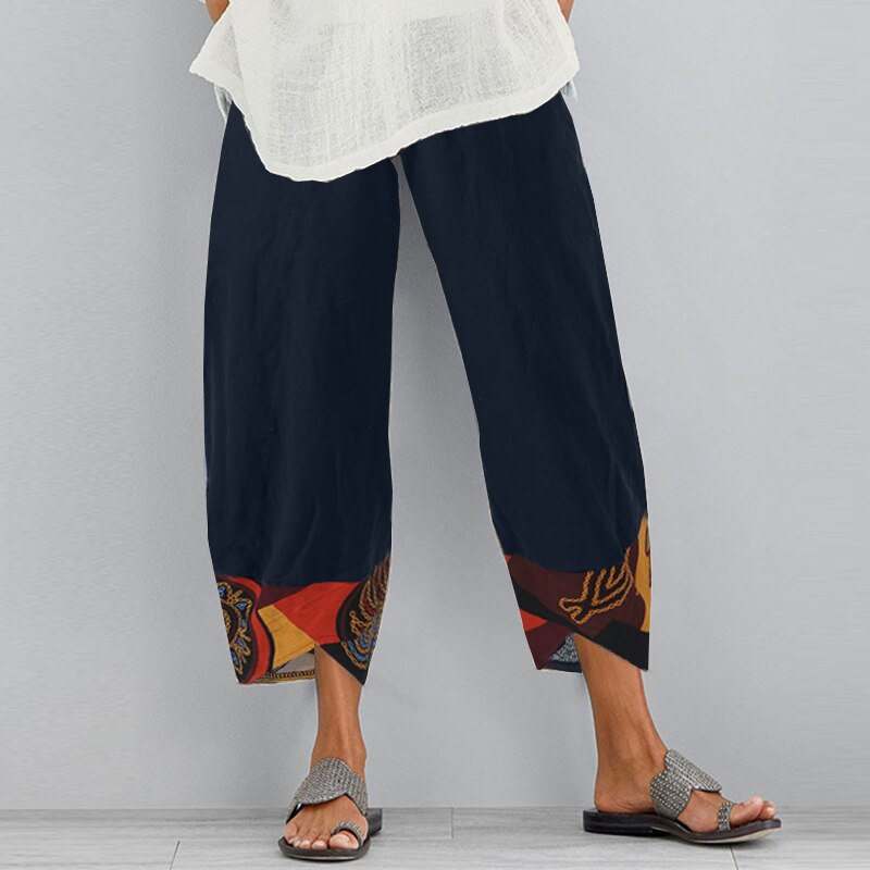 Vintage Women Cotton Linen Wide Leg Pants  Female Asymmetric Trousers Ladies Casual Loose Pockets Elastic Waist Pants