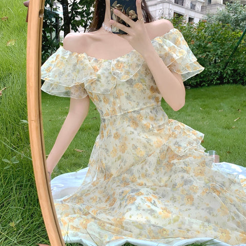 Off The Shoulder Dresses Women Ruffles Floral Designer Fairy Elegant Dress Female Summer Evening Party Vintage Midi Dresses