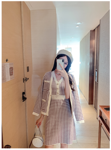 New  Autumn Winter Knitted 2 Piece Set Women Single-Breasted Houndstooth Cardigan Jacket Warm Sweater Coat+Knit Vest Dress