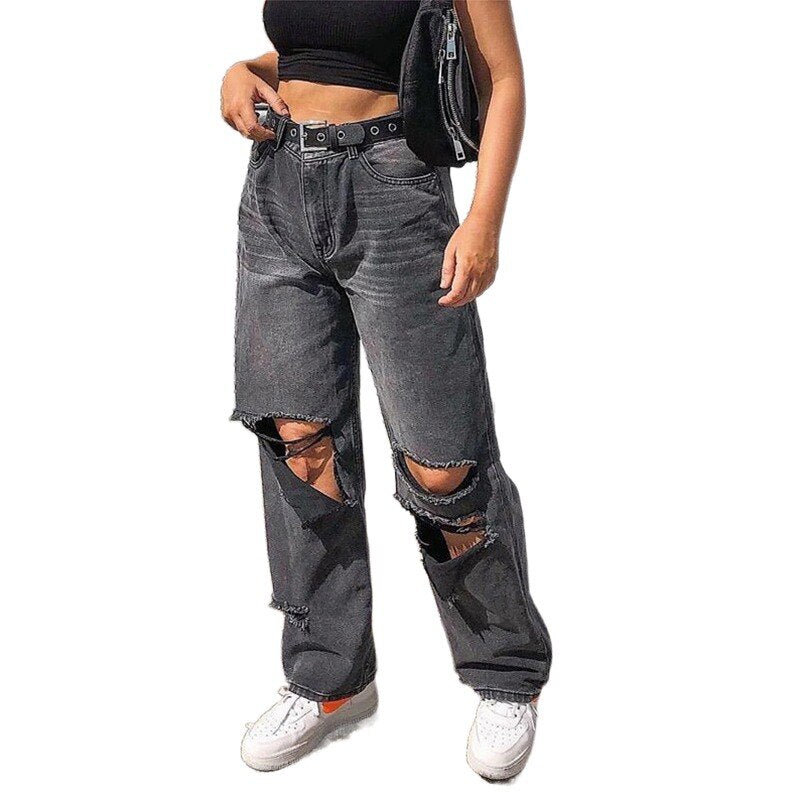 Ripped Women Jeans Wide Leg Long Pants Ladies Black Jeans Fashion Loose High Waist Vintage Denim Pants Hole Korean Women Trouser