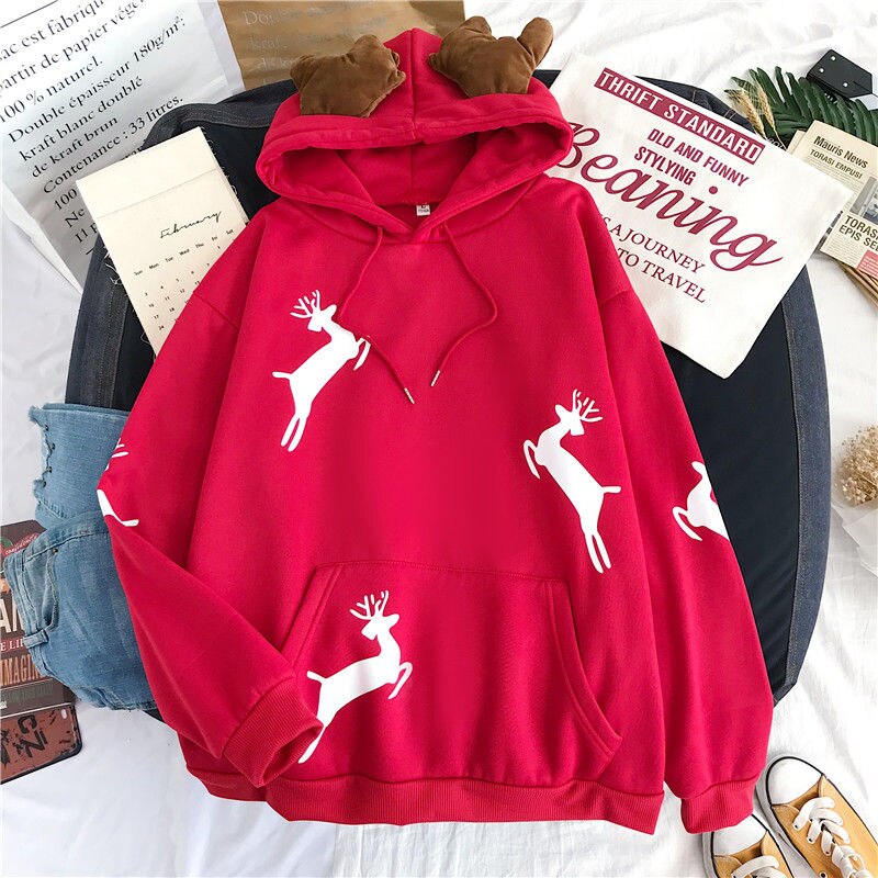 Merry Christmas gift Snow deer print Harajuku hoodie women winter jacket Red Kawaii sweatshirt Korean style Pullovers clothes