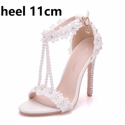 Crystal Queen Ankle Strap Women Sweet Fashion White Colored Floral Stilettos Party Tassel Bridal Wedding Shoes High Heel