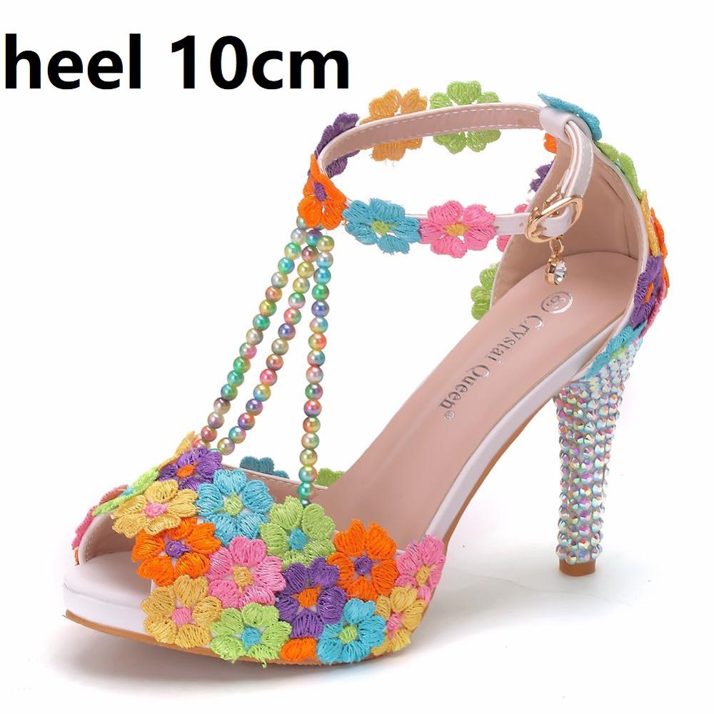 Crystal Queen Ankle Strap Women Sweet Fashion White Colored Floral Stilettos Party Tassel Bridal Wedding Shoes High Heel