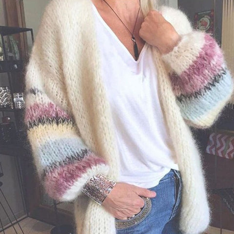 New Women Casual Cardigan Striped  Winter Warm Tops Clothing Woman Striped Mohair Sweater Women Knitted Cardigan