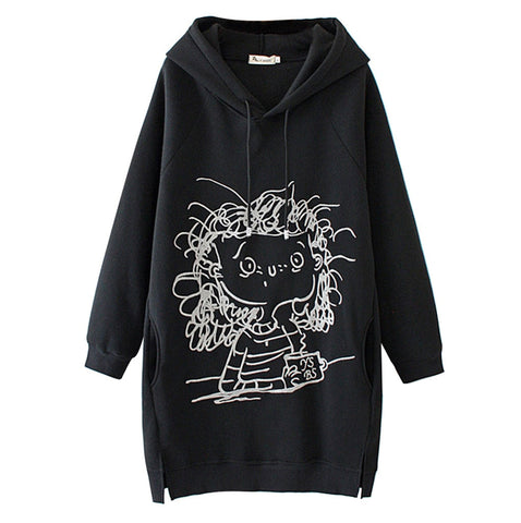 Women Long Hoodie Sweatshirt Pullover Cartoon Print Long Sleeve Splited Pockets Sweatshirt Hoody Pullovers Dress Sudadera Mujer