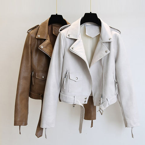 Ftlzz Spring Autumn Women Faux Leather Jacket Slim Streetwear Khaki Leather Coat Biker Moto Jacket with Belt Female Outerwear