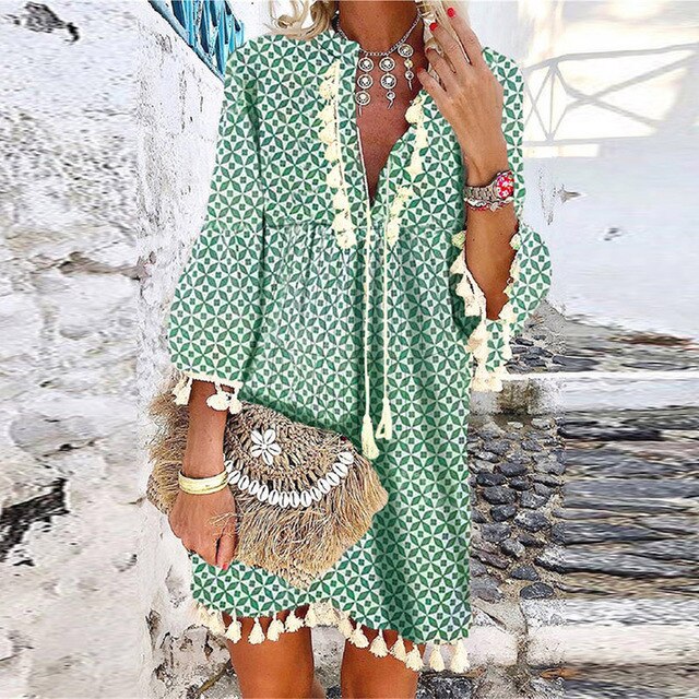 Women Floral Print 3/4 Sleeve Mini Dress Spring V Neck Tassel Vintage Party Dress Casual Loose Summer Beach Dresses Vestido