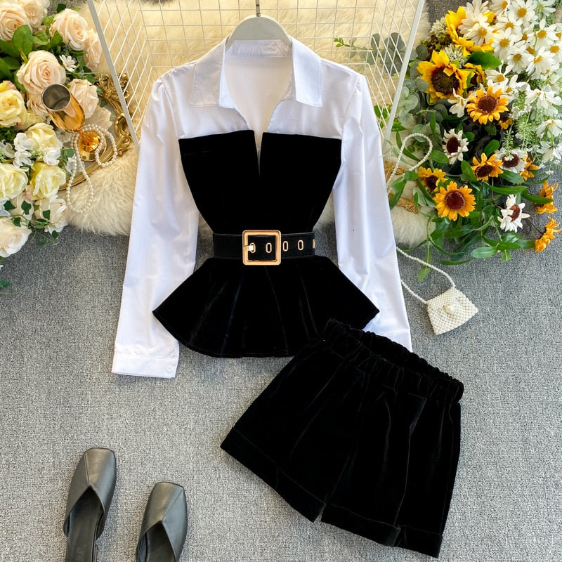 Spring Autumn Long Sleeve Velvet Tops With Belt Elastic Shorts Two Piece Set Women MH334