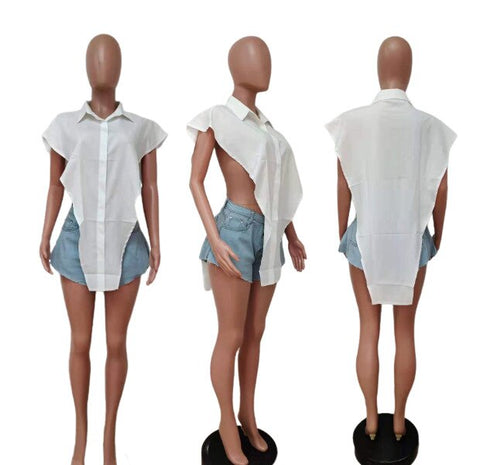 Pbong mid size graduation outfit romantic style teen swag clean girl ideas 90s latina aesthetic freaknik tomboy swaggy going out classic eBlouses Tops Sexy Cut Out Side Button Up White Shirt Women Fashion Clothing Sleeveless Streetwear Women's Shirts