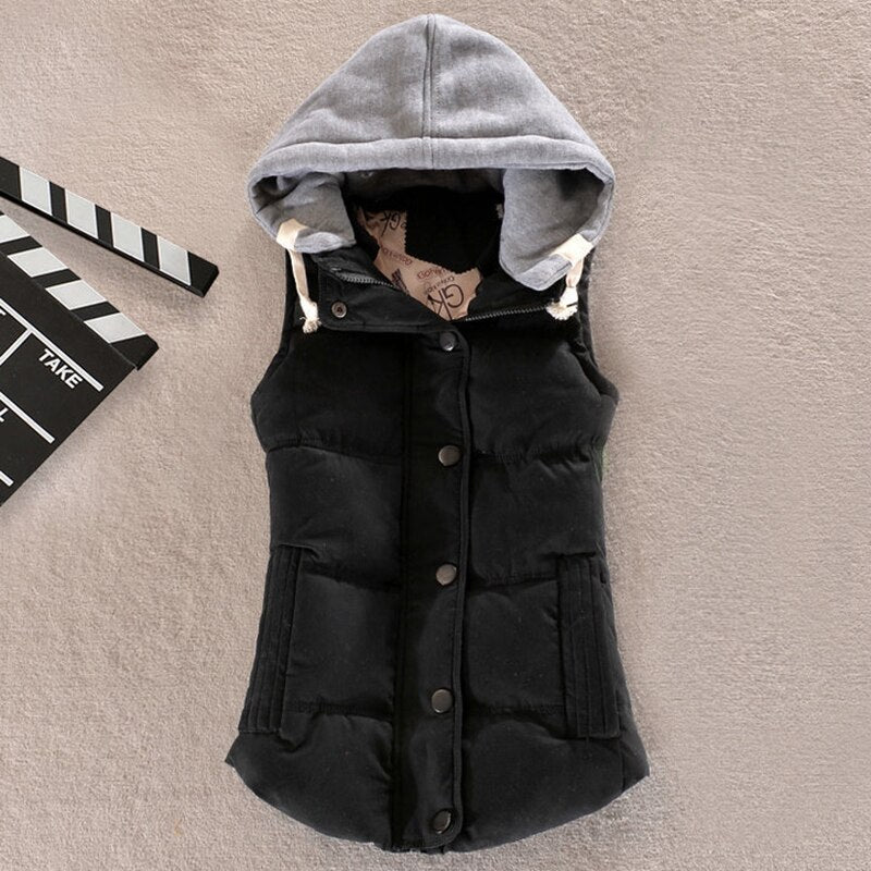 winter women solid thick vest hooded casual female warm outwear cotton padded office ladies single breasted chaleco mujer