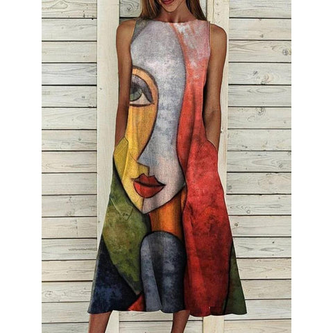 Abstract Print Sleeveless Dress Women Summer Casual Vintage Elegant Tank Loose Robe Beach Round Neck Maxi Dresses Vestidos S-5XL