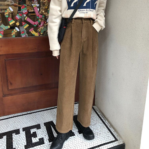 Loose Corduroy Pants Women Spring Wide Leg High Waist Trousers Autumn Casual Long Pants Harajuku Streetwear Beige Trousers