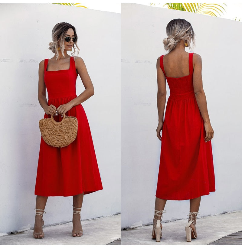 Long Dress For Women Sexy Backless Casual White Black Ruched Midi Sundresses Summer Spaghetti Strap Women's Dress Clothing