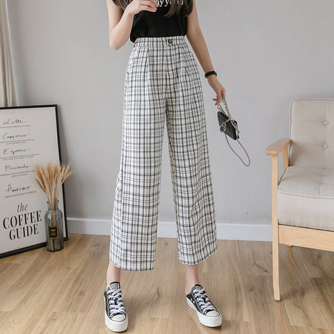 Vintage Plaid Pants Women High Waist Plus Size Wide Leg Casual Female Trousers Fashion Joggers Clothes Streetwear