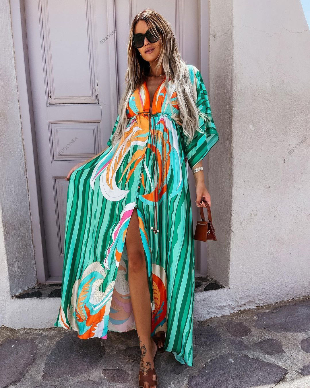 Bikini Cover-ups Boho Print Long Dress Self Belted Sexy Beach Tunic  Summer Women Beach Wear Swim Suit Cover Up Pbong mid size graduation outfit romantic style teen swag clean girl ideas 90s latina aesthetic