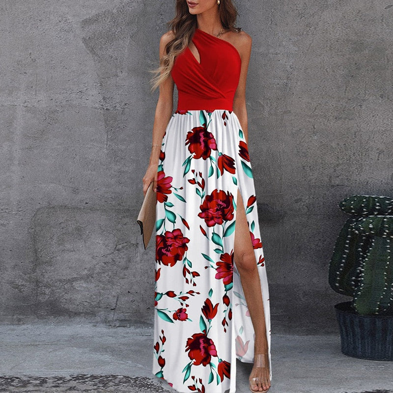 Pbong Ladies Sexy Hollow Out Sleeveless Party Dress Women Elegant Off Shoulder Split Long Dress Fashion Printing Femme Dress Vestidos