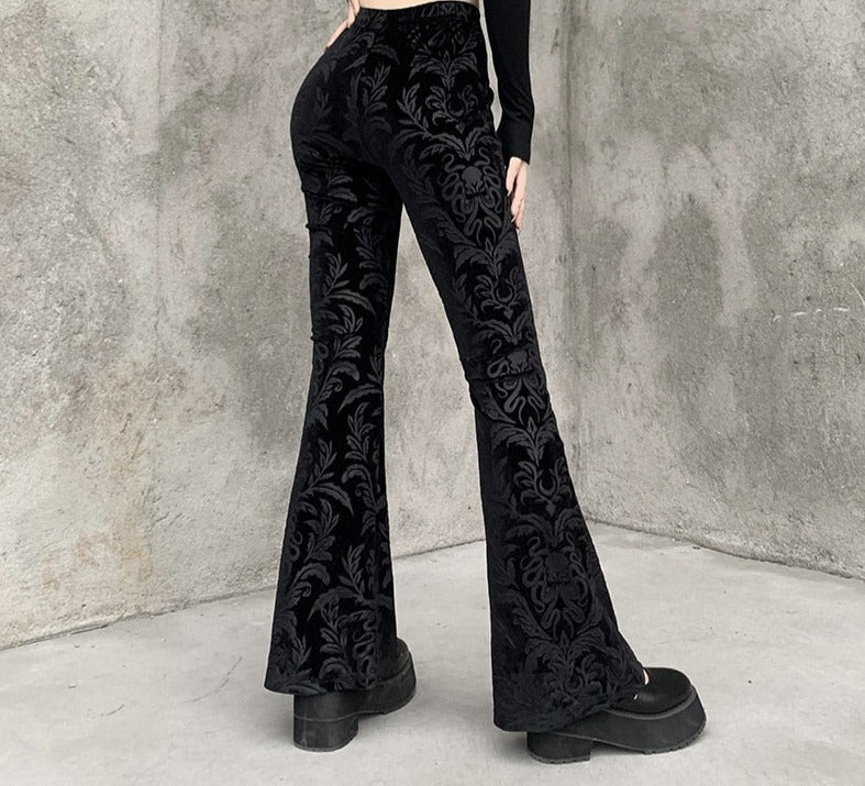 Goth Dark Vintage Floral Scratched Gothic Pants Velvet High Waist Skinny Flare Trousers For Women Autumn Winter Streetwear