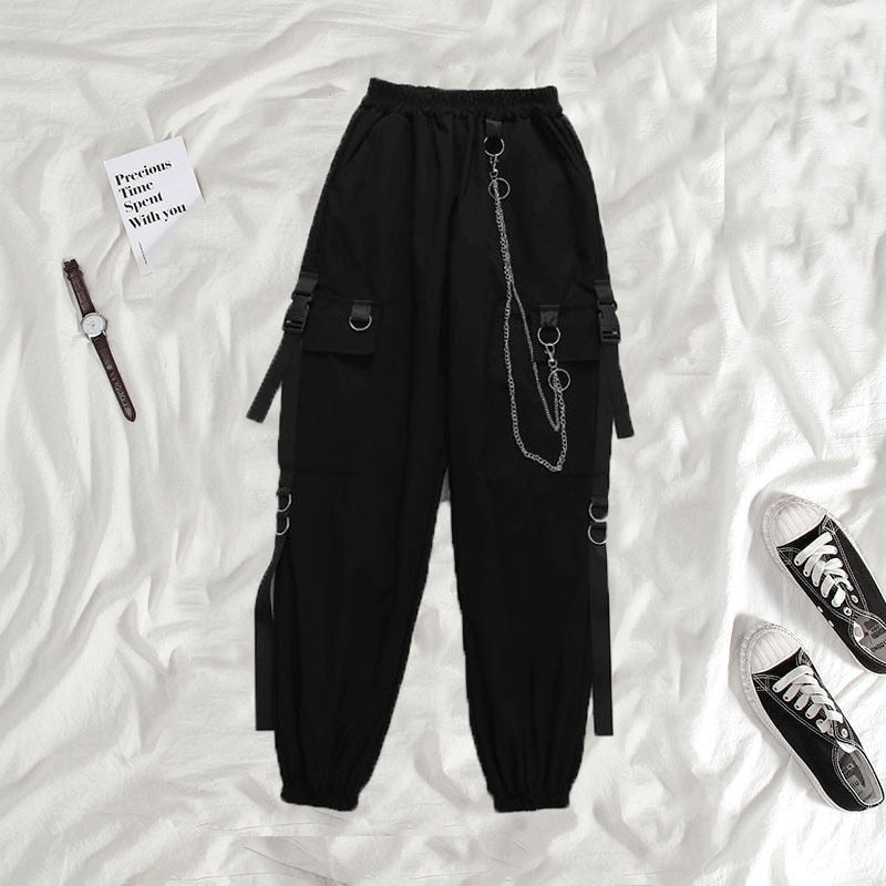 Women's Cargo Pants Buckle Ribbon Pocket Jogger Elastic Waist High Streetwear Harajuku Pant Chain Females Two Piece Pants