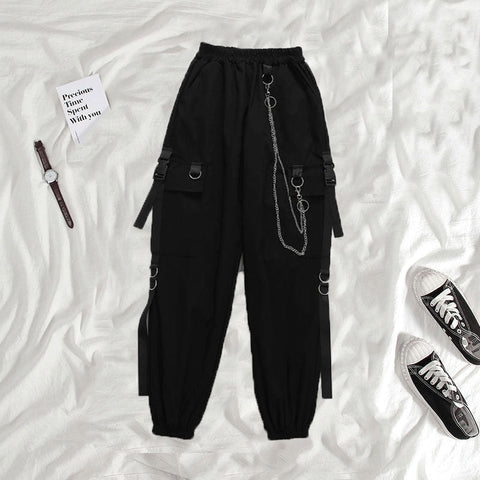 Women's Cargo Pants Buckle Ribbon Pocket Jogger Elastic Waist High Streetwear Harajuku Pant Chain Females Two Piece Pants