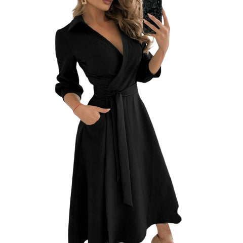 Spring Summer Lady Cover Up Women&  Shirt Dress Wave Print Long Sleeve V-Neck Casual Loose Holiday Midi Dress Plus Size