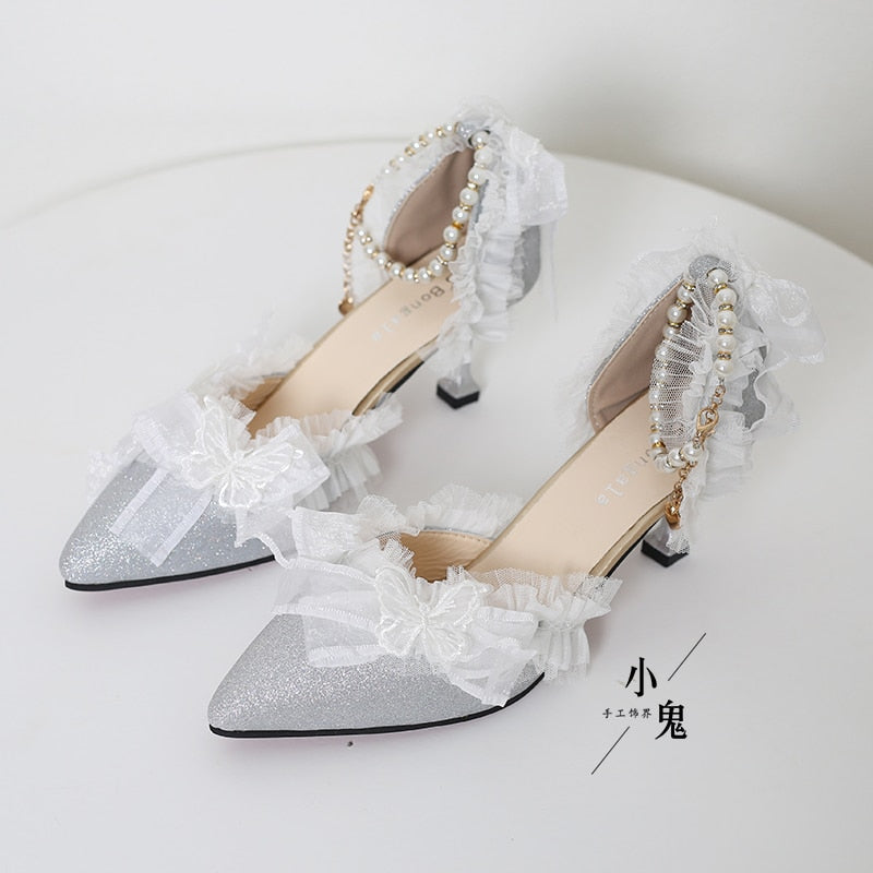 Elegant Lolita Lace High Heels Loli Wedding Dress Shoe Fairy Women Tea Party Butterfly Bow Lolita Sandals Feminine Cosplay Anime