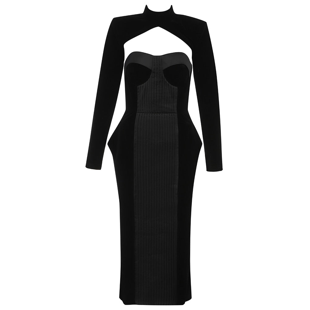 New Summer Ladies Sexy Designer Long Sleeve Velvet Black Elegant Dress Ladies Elegant Tight Party Dress Vestido