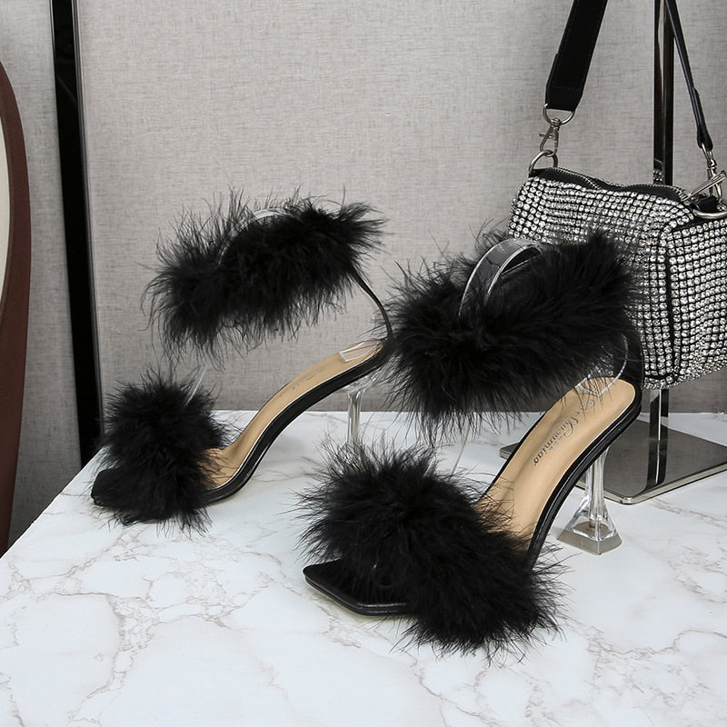 Feather Sandals Women Furry High Heels Ankle Plush Sandals Woman Transparent Heels With Fur Stripper Heeled Sandal Women Evening