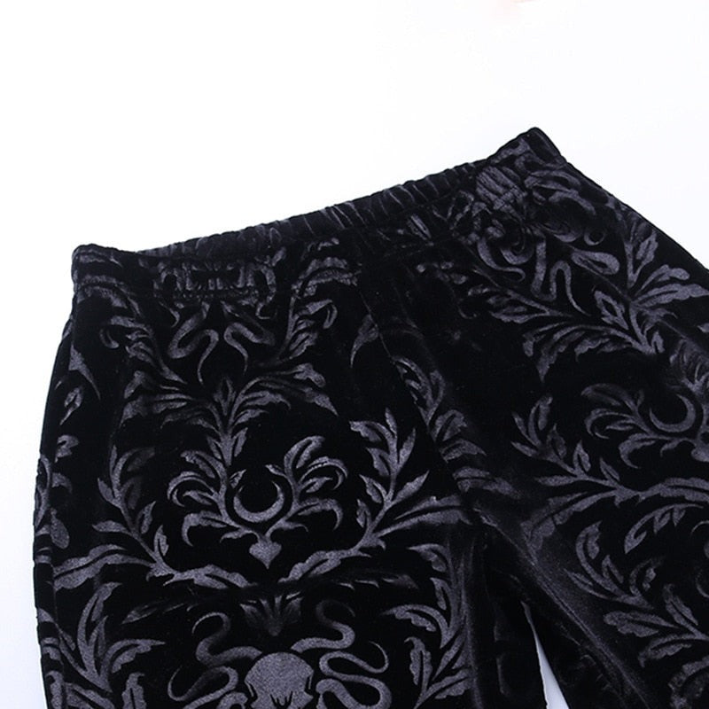 Goth Dark Vintage Floral Scratched Gothic Pants Velvet High Waist Skinny Flare Trousers For Women Autumn Winter Streetwear