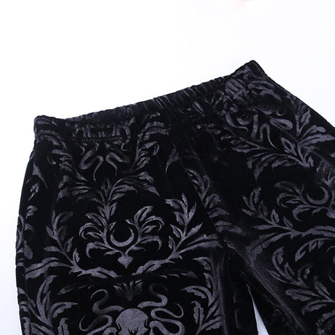 Goth Dark Vintage Floral Scratched Gothic Pants Velvet High Waist Skinny Flare Trousers For Women Autumn Winter Streetwear