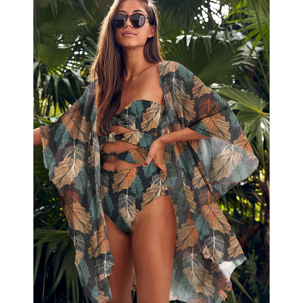 Leaves Print Swimsuit Beach Cover Up Tunics for Beach Long Kaftan Bikini Cover Up Robe De Plage Sarong Beach Swimsuit Cover-Ups