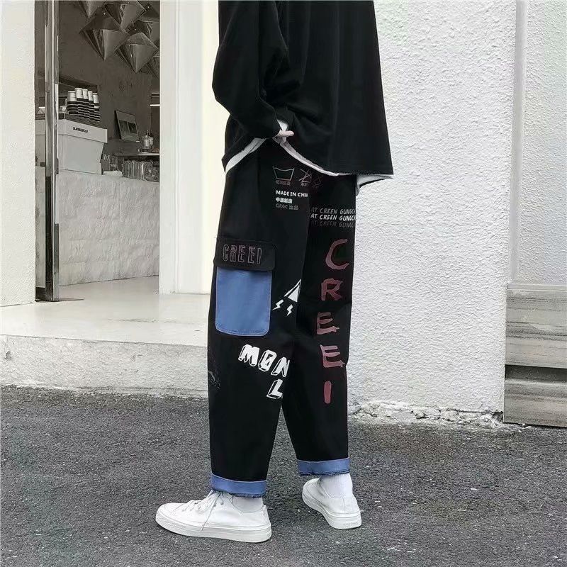 Graffiti jeans men's trendy brand loose straight Korean version of the trend of oversized overalls nine points on the sweatpants