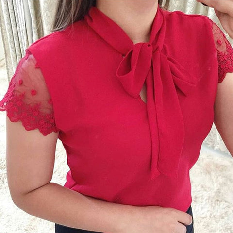 Pbong mid size graduation outfit romantic style teen swag clean girl ideas 90s latina aestheticS-5XL New  Lace Up Bow Tie Shirt Summer Lace Short Sleeve Solid Chiffon Casual Blouse Elegant Office Lady Blusas Woman Tops