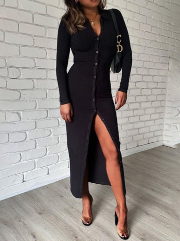 Long Sleeve Party Dresses Women Button Knitted Ankle-Length V-Neck Skinny Autumn  Sexy Dresses Women Cotton Split Hem