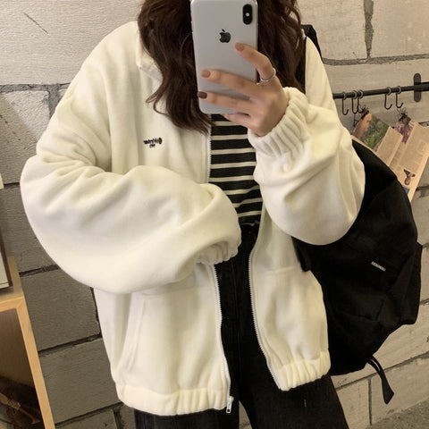 Hoodies Women Zip-up Turn-down Collar Printed Pocket Long Sleeve Korean Style New Trendy Casual BF Ulzzang Harajuku Womens Daily