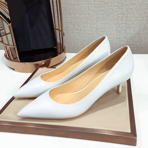 New Elegant Classic Women Pumps For Female Genuine Leather Medium Heeled Ladies Fashion White Nude High Heels Office Shoes A001