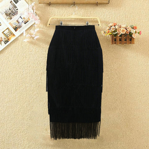 Women Fringe Bodycon Pencil Skirts Black Tassel High Waist Stretch Sheath Midi Length Ladies Slim Elegant Saias faldas Big Size Pbong  mid size graduation outfit romantic style teen swag clean girl ideas 90s latina aesthetic