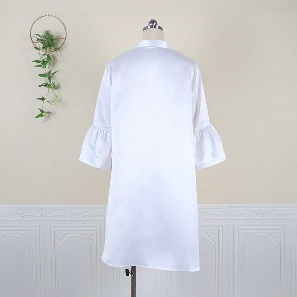 Pbong mid size graduation outfit romantic style teen swag clean girl ideas 90s latina aestheticWomen Loose Dresses Stand Collar Three Quarter Sleeves Oversized White Yellow Ladies Classy Summer Autumn Robes Gowns