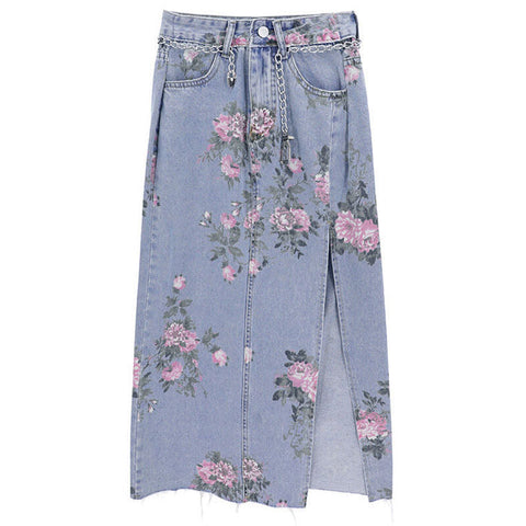 Streetwear Vintage Flowers Print Long Denim Skirts Summer High Waist Slim Sexy Open Split Straight Skirt Jeans Saias Female