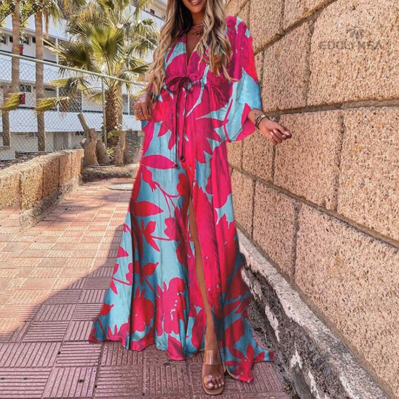 Bikini Cover-ups Boho Print Long Dress Self Belted Sexy Beach Tunic  Summer Women Beach Wear Swim Suit Cover Up Pbong mid size graduation outfit romantic style teen swag clean girl ideas 90s latina aesthetic