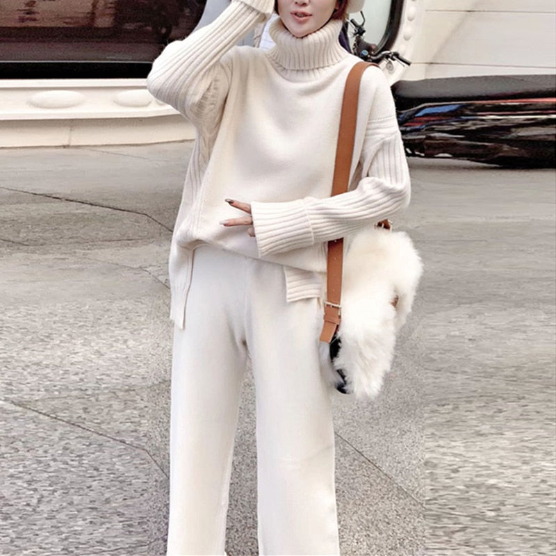 JXMYY sweater set women tracksuit spring autumn knitted suits 2 piece set warm turtleneck sweater pullovers wide legs pants