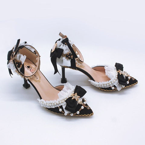 High Heels 8cm Luxury Sweet Women Lolita Wedding Shoes Diamond Lace Bow Tea Party Cos Slingbacks Pointed Toe Ankle Strap Sandals