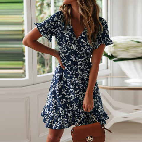 Women Dresses Summer  Sexy V Neck Floral Print Boho Beach Dress Ruffle Short Sleeve A Line Mini Dress Sundress Robe Pbong mid size graduation outfit romantic style teen swag clean girl ideas 90s latina aesthetic